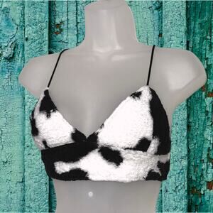 New‎ Small Fuzzy Cow Print Backless Lace Up Crop Top Vegan Furry Y2k Retro
